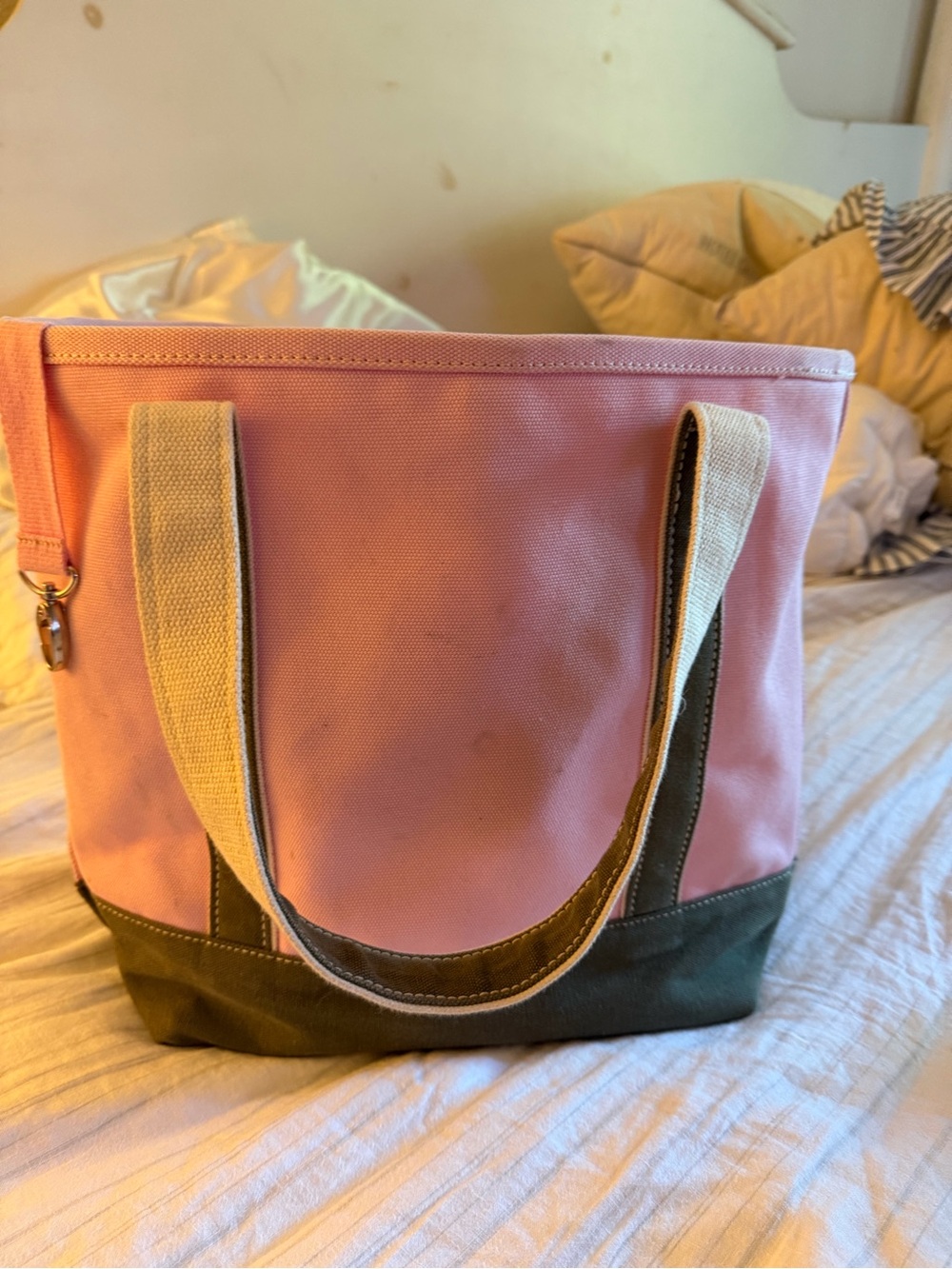 Lands' End Pink and Olive Canvas Tote with Natural Straps